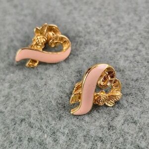 1996 AVON Earrings‎ Breast Cancer Awareness Pink Ribbon Gold Toned Push Backs